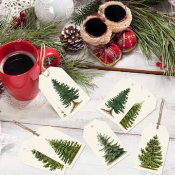 Whaline 120Pcs Christmas Tree Gift Tags with Rope Vintage Green Beige Paper Tags Xmas Winter Hanging Labels for Gift Wrapping DIY Crafts, 4 Designs
