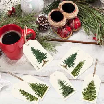 Whaline 120Pcs Christmas Tree Gift Tags with Rope Vintage Green Beige Paper Tags Xmas Winter Hanging Labels for Gift Wrapping DIY Crafts, 4 Designs