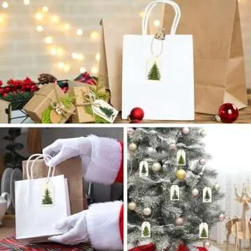 Whaline 120Pcs Christmas Tree Gift Tags with Rope Vintage Green Beige Paper Tags Xmas Winter Hanging Labels for Gift Wrapping DIY Crafts, 4 Designs