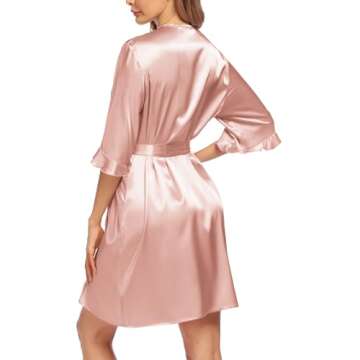 Ekouaer Women's Satin Robe Valentines Lingerie for Women Kimono Bathrobe 3/4 Sleeve Ruffle Belted Robes Bridesmaids