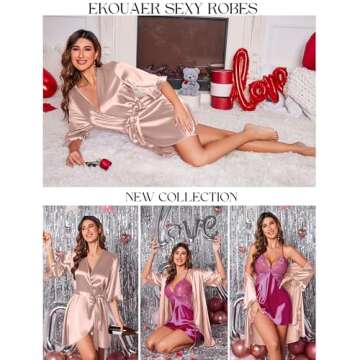 Ekouaer Women's Satin Robe Valentines Lingerie for Women Kimono Bathrobe 3/4 Sleeve Ruffle Belted Robes Bridesmaids