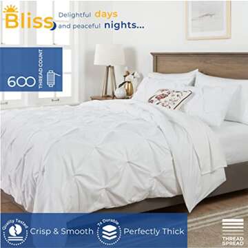 THREAD SPREAD Pinch Pleated 3 Piece Duvet Cover Set 100% Egyptian Cotton 600 Thread Count with Zipper & Corner Ties Tuffed Pattern Decorative (King, White)