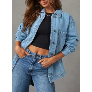 Sidefeel Women's Jean Jacket Oversized Boyfriend Button Up Long Sleeve Denim Jackets Light Blue Large