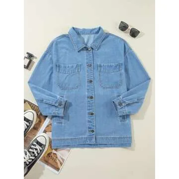 Sidefeel Women's Jean Jacket Oversized Boyfriend Button Up Long Sleeve Denim Jackets Light Blue Large
