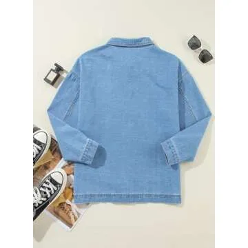 Sidefeel Women's Jean Jacket Oversized Boyfriend Button Up Long Sleeve Denim Jackets Light Blue Large