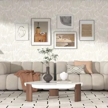 Theper Beige Modern Striped Wallpaper Peel and Stick Boho 17.3"×78.8" Removable Self Adhesive Wallpaper for Bedroom Waterproof White and Gold Contact Paper Vinyl