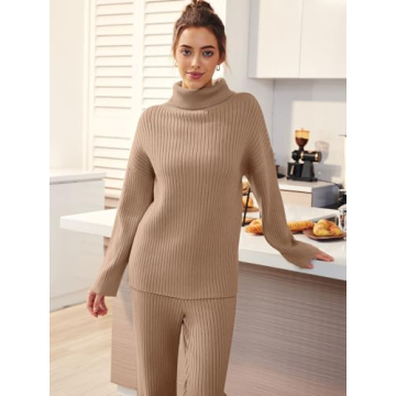 LILLUSORY Women 2 Piece Outfits Winter Clothes Turleneck Sweater Matching Lounge Sets Wide Leg Pants 2024 Fall Trendy Two Piece Cozy Ribbed Knit Sweatsuits Sweat Suit Travel Loungewear Dark Apricot M