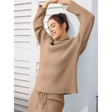 LILLUSORY Women 2 Piece Outfits Winter Clothes Turleneck Sweater Matching Lounge Sets Wide Leg Pants 2024 Fall Trendy Two Piece Cozy Ribbed Knit Sweatsuits Sweat Suit Travel Loungewear Dark Apricot M