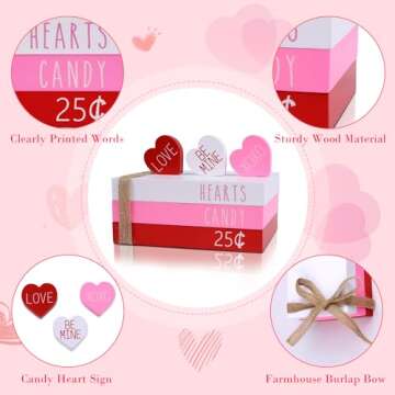 Valentines Day Decor, Valentine Faux Book Stack Decor Set with Love Be Mine XOXO Sign, Conversation Hearts Candy Decor, Valentines Day Wooden Table Shelf Decor Valentine Tiered Tray Decor