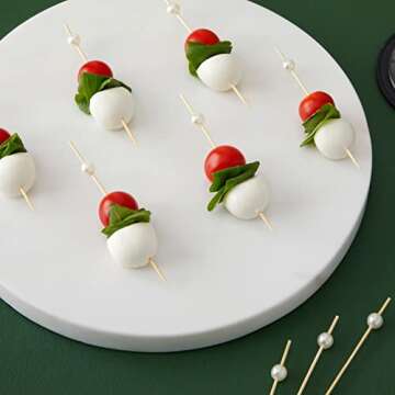 Okuna Outpost 150 Pack White Bamboo Pearl Toothpicks for Food - Cocktail Picks for Fancy Appetizers and Party Decor - 4.7 Inch Decorative Food Picks