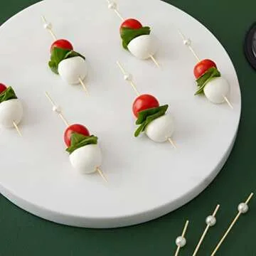 Okuna Outpost 150 Pack White Bamboo Pearl Toothpicks for Food - Cocktail Picks for Fancy Appetizers and Party Decor - 4.7 Inch Decorative Food Picks