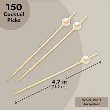 Okuna Outpost 150 Pack White Bamboo Pearl Toothpicks for Food - Cocktail Picks for Fancy Appetizers and Party Decor - 4.7 Inch Decorative Food Picks