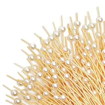 Okuna Outpost 150 Pack White Bamboo Pearl Toothpicks for Food - Cocktail Picks for Fancy Appetizers and Party Decor - 4.7 Inch Decorative Food Picks