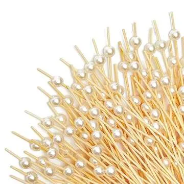 Okuna Outpost 150 Pack White Bamboo Pearl Toothpicks for Food - Cocktail Picks for Fancy Appetizers and Party Decor - 4.7 Inch Decorative Food Picks