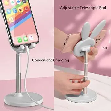 SOARCHICK Portable Cell Phone Stand for Desk Cute Bunny Height Angle Adjustable Tablet Phone Desktop Stand Holder Riser Compatible with iPhone, iPad, Tablets, Kindle, Switch, Smartphones (White)