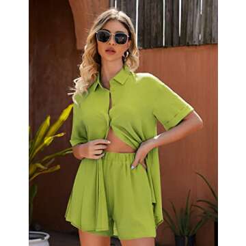 2 Piece Outfits for Women Vacation Outfits for Women Matching Sets for Women Button Down Short Sleeve Side Slit Shirt High Waist Shorts Set Summer Outfits Beach Outfits Avocado Green