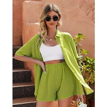 2 Piece Outfits for Women Vacation Outfits for Women Matching Sets for Women Button Down Short Sleeve Side Slit Shirt High Waist Shorts Set Summer Outfits Beach Outfits Avocado Green