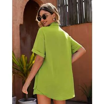 2 Piece Outfits for Women Vacation Outfits for Women Matching Sets for Women Button Down Short Sleeve Side Slit Shirt High Waist Shorts Set Summer Outfits Beach Outfits Avocado Green