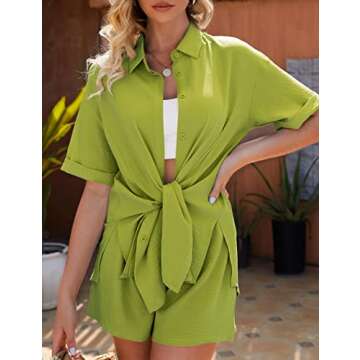 2 Piece Outfits for Women Vacation Outfits for Women Matching Sets for Women Button Down Short Sleeve Side Slit Shirt High Waist Shorts Set Summer Outfits Beach Outfits Avocado Green