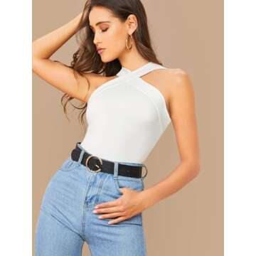 Floerns Women's Solid Criss Cross Halter Top Sleeveless Tee Shirt White Solid M