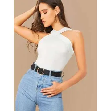 Floerns Women's Solid Criss Cross Halter Top Sleeveless Tee Shirt White Solid M