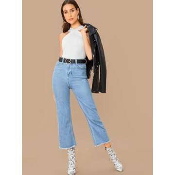 Floerns Women's Solid Criss Cross Halter Top Sleeveless Tee Shirt White Solid M