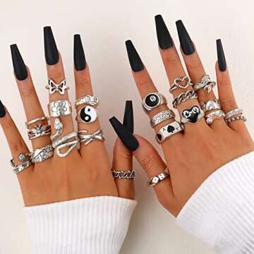 Vintage Silver Open Punk Rings for Men Women, 24PCS Adjustable Rings, Alt Rings, Chunky Silver Rings...