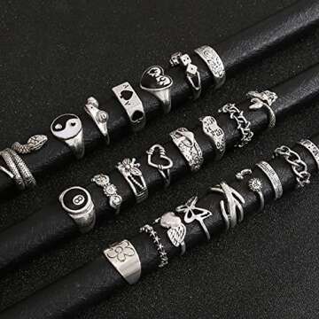 Vintage Silver Open Punk Rings for Men Women, 24PCS Adjustable Rings, Alt Rings, Chunky Silver Rings, Bulky Rings, Hippie Rings ,Cool Gothic Ring,Statement Stacking Ring, Skull Snake Star Flower Heart Eboy Emo Y2K Ring (Style-1)