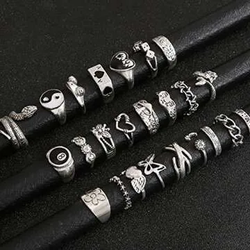 Vintage Silver Open Punk Rings for Men Women, 24PCS Adjustable Rings, Alt Rings, Chunky Silver Rings, Bulky Rings, Hippie Rings ,Cool Gothic Ring,Statement Stacking Ring, Skull Snake Star Flower Heart Eboy Emo Y2K Ring (Style-1)