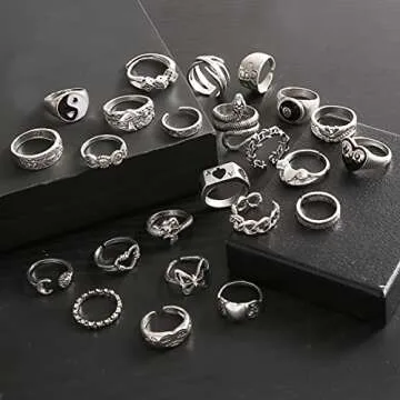 Vintage Silver Open Punk Rings for Men Women, 24PCS Adjustable Rings, Alt Rings, Chunky Silver Rings, Bulky Rings, Hippie Rings ,Cool Gothic Ring,Statement Stacking Ring, Skull Snake Star Flower Heart Eboy Emo Y2K Ring (Style-1)