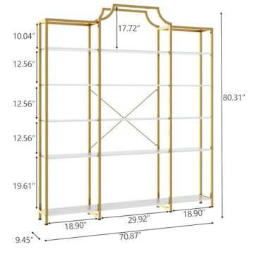 Auromie Triple Wide 5-Tier Bookshelf, 70.87" L x 79.13" H Extra Large Gold Bookcase, Tall Display Sh...