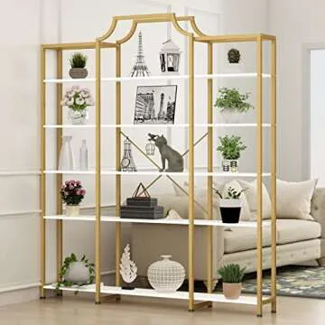 Auromie Triple Wide 5-Tier Bookshelf, 70.87" L x 79.13" H Extra Large Gold Bookcase, Tall Display Shelf with Metal Frame, Freestanding Etagere Storage Display Shelf for Home Office, White Gold