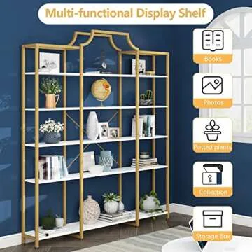 Auromie Triple Wide 5-Tier Bookshelf, 70.87" L x 79.13" H Extra Large Gold Bookcase, Tall Display Shelf with Metal Frame, Freestanding Etagere Storage Display Shelf for Home Office, White Gold