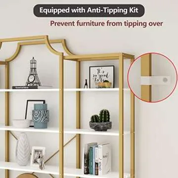 Auromie Triple Wide 5-Tier Bookshelf, 70.87" L x 79.13" H Extra Large Gold Bookcase, Tall Display Shelf with Metal Frame, Freestanding Etagere Storage Display Shelf for Home Office, White Gold