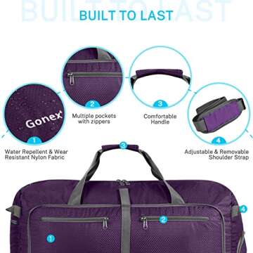 Gonex 40L Packable Travel Duffle Bag for Boarding Airline, Lightweight Foldable Gym Duffle Water Repellent & Tear Resistant Purple