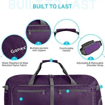 Gonex 40L Packable Travel Duffle Bag for Boarding Airline, Lightweight Foldable Gym Duffle Water Repellent & Tear Resistant Purple