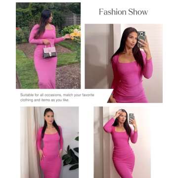 Popilush Long Sleeve Midi Dress Bodycon Party Dress Shapewear Tummy Control Cocktail Dresses Built-i...