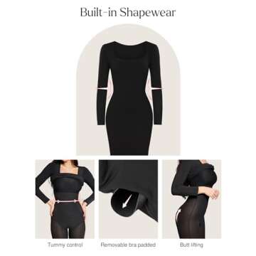 Popilush Long Sleeve Midi Dress Bodycon Party Dress Shapewear Tummy Control Cocktail Dresses Built-in Bra