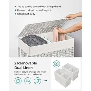 SONGMICS Laundry Hamper with Lid, 110L Clothes Hamper with 2 Removable Liner Bags, 6 Mesh Bags, Wicker Laundry Basket, Double Laundry Hamper for Laundry Room, 13 x 22.4 x 23.6 Inches, White ULCB52WT