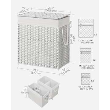 SONGMICS Laundry Hamper with Lid, 110L Clothes Hamper with 2 Removable Liner Bags, 6 Mesh Bags, Wicker Laundry Basket, Double Laundry Hamper for Laundry Room, 13 x 22.4 x 23.6 Inches, White ULCB52WT