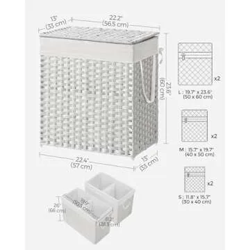 SONGMICS Laundry Hamper with Lid, 110L Clothes Hamper with 2 Removable Liner Bags, 6 Mesh Bags, Wicker Laundry Basket, Double Laundry Hamper for Laundry Room, 13 x 22.4 x 23.6 Inches, White ULCB52WT