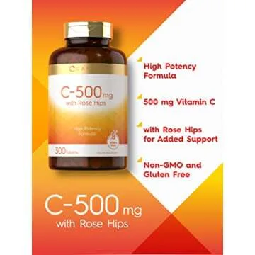 Vitamin C with Rose Hips | 500mg | 300 Tablets | Vegetarian, Non-GMO, and Gluten Free Supplement | High Potency Formula | by Carlyle
