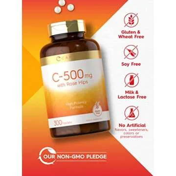Vitamin C with Rose Hips | 500mg | 300 Tablets | Vegetarian, Non-GMO, and Gluten Free Supplement | High Potency Formula | by Carlyle