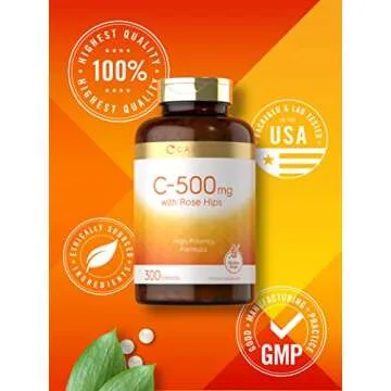Vitamin C with Rose Hips | 500mg | 300 Tablets | Vegetarian, Non-GMO, and Gluten Free Supplement | High Potency Formula | by Carlyle