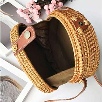 zixijiaju Round Rattan Bags Women Round Handwoven Straw Bag Leather Crossbody Shoulder Strap Handbag...