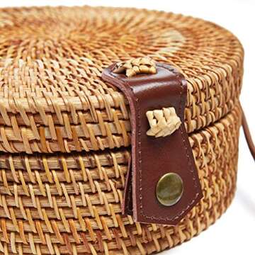 zixijiaju Round Rattan Bags Women Round Handwoven Straw Bag Leather Crossbody Shoulder Strap Handbag Summer Beach Bag, Bamboo, Type-1
