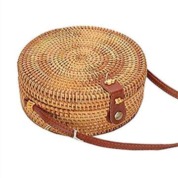 zixijiaju Round Rattan Bags Women Round Handwoven Straw Bag Leather Crossbody Shoulder Strap Handbag Summer Beach Bag, Bamboo, Type-1