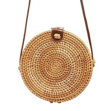 zixijiaju Round Rattan Bags Women Round Handwoven Straw Bag Leather Crossbody Shoulder Strap Handbag Summer Beach Bag, Bamboo, Type-1
