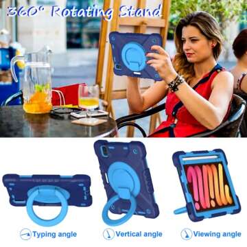 Andnary Case for 2024 iPad Mini 7 A17 Pro/2021 Mini 6 8.3 Inch Case with Built-in Pencil Holder/360° Rotating Handle Stand, Drop-Proof Cover for iPad Mini 7th/6th Generation 8.3", Navy+Blue