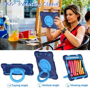 Andnary Case for 2024 iPad Mini 7 A17 Pro/2021 Mini 6 8.3 Inch Case with Built-in Pencil Holder/360° Rotating Handle Stand, Drop-Proof Cover for iPad Mini 7th/6th Generation 8.3", Navy+Blue